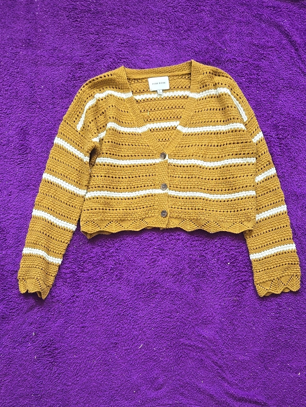 Pink Rose Mustard & Cream Crochet Button-Front Cardigan